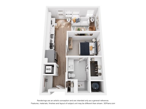 Floor plan for 1 bed, 1 bath, 569 sqft